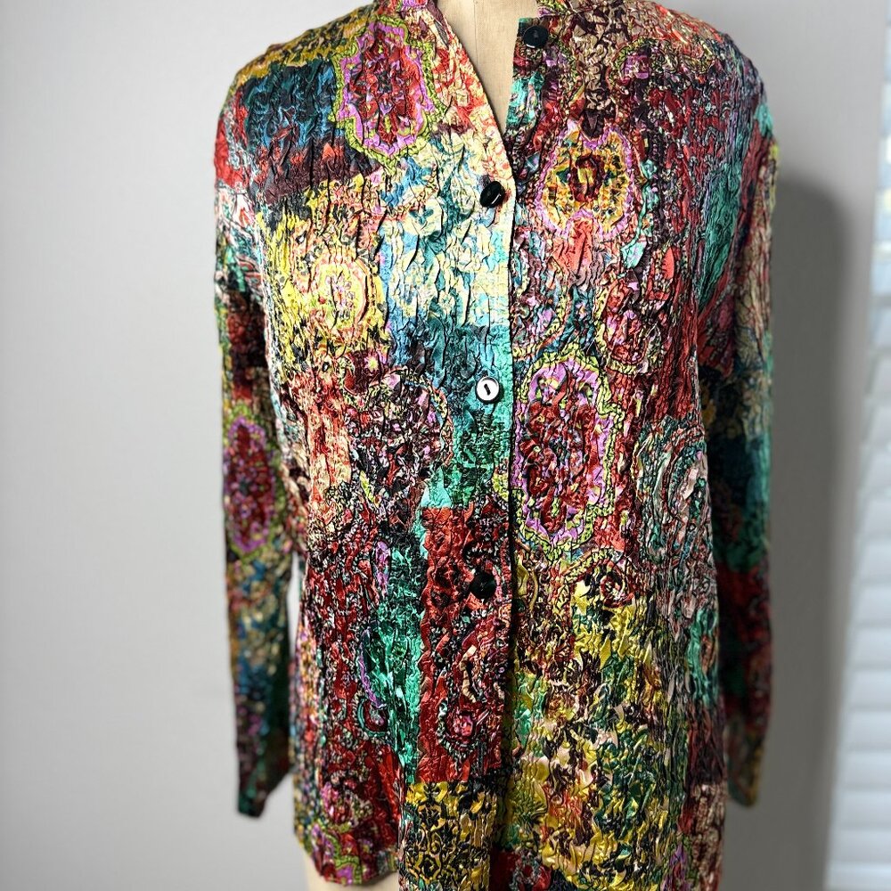 Pleats Collection Multicolor Abstract Pleated Button-Up Blouse | Festival Boho A